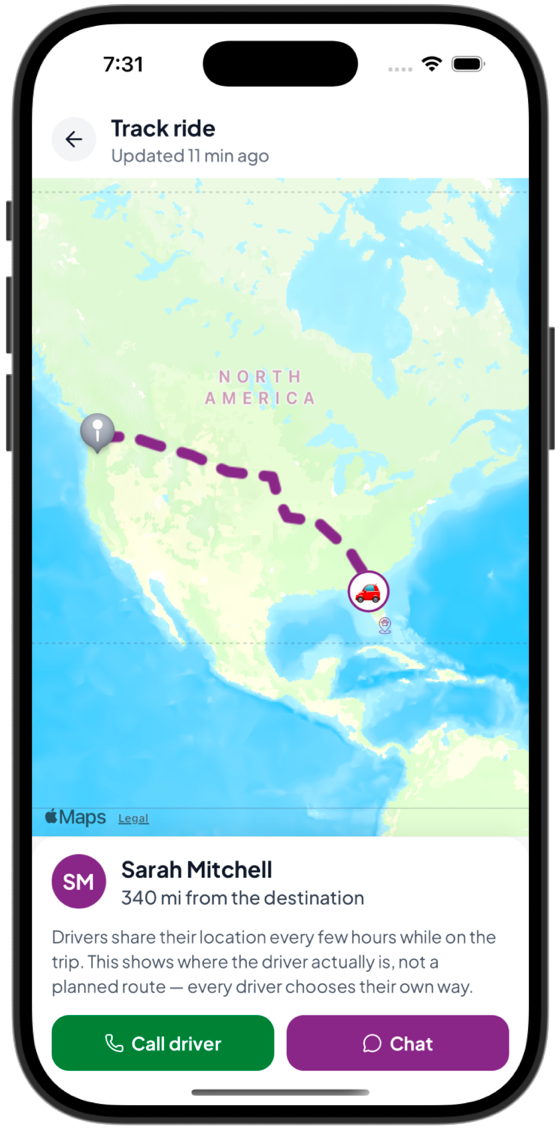 Track Ride screen showing the driver's location on a map
